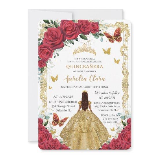 Quinceañera Red Roses Floral Gold Dress Princess