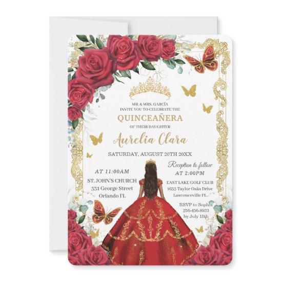 Quinceañera Red Roses Floral Gold Princess 16th