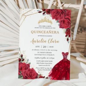 Quinceañera Red Roses Floral Gold Princess Dress