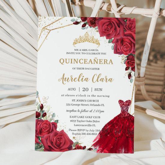 Quinceañera Red Roses Floral Gold Princess Dress