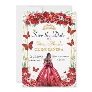 Quinceañera Red Roses Floral Princess Butterflies Save The Date