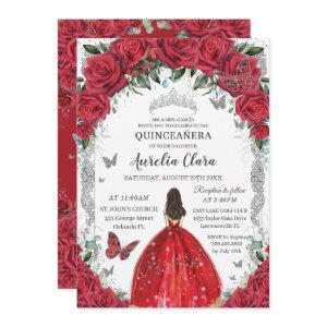 Quinceañera Red Roses Floral Princess Dress Silver