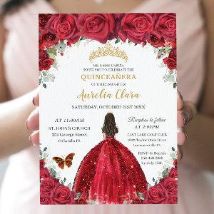 Quinceañera Red Roses Floral Princess Gown Gold