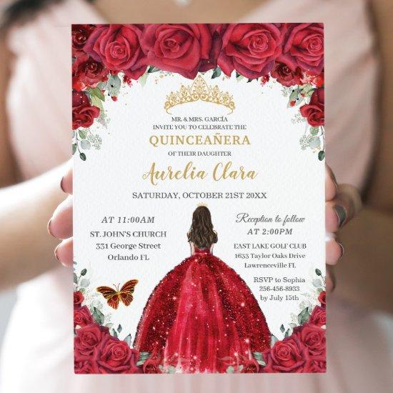 Quinceañera Red Roses Floral Princess Gown Gold