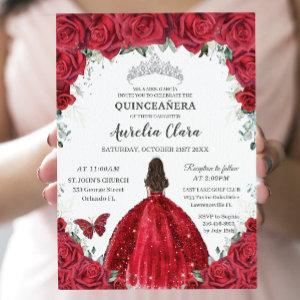 Quinceañera Red Roses Floral Princess Gown Silver