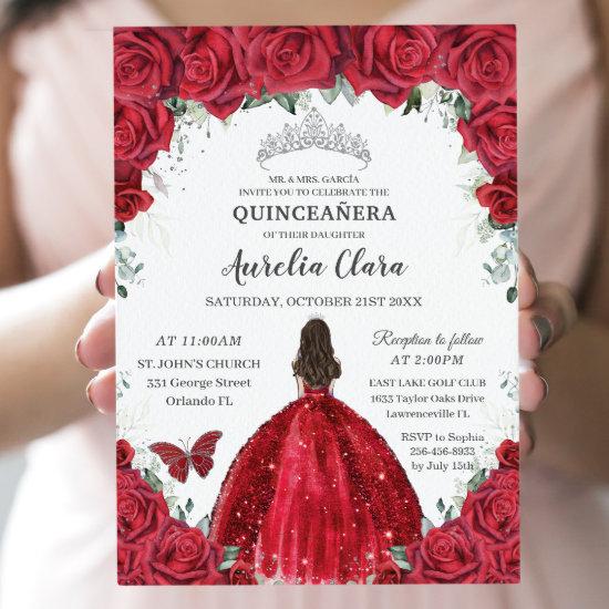 Quinceañera Red Roses Floral Princess Gown Silver
