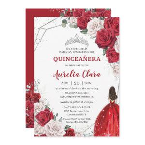Quinceañera Red Roses Floral Princess Silver Crown