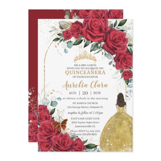 Quinceañera Red Roses Floral Princess Yellow Dress
