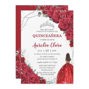 Quinceañera Red Roses Floral Silver Princess Tiara