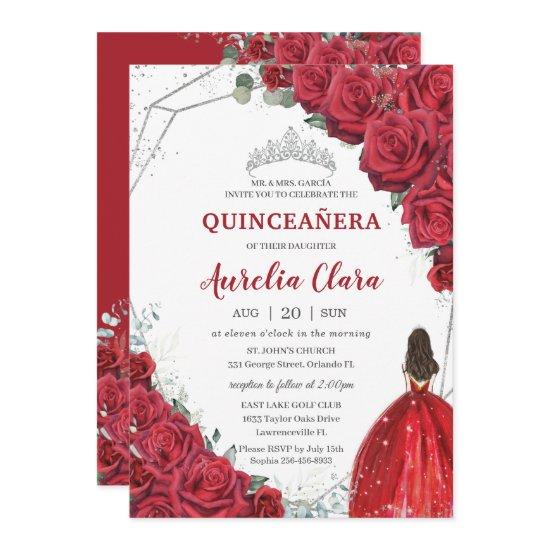 Quinceañera Red Roses Floral Silver Princess Tiara