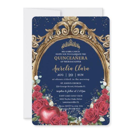 Quinceañera Red Roses Floral Snow White Gold Frame