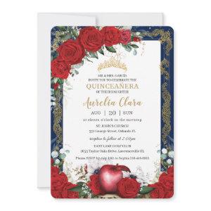Quinceañera Red Roses Floral Snow White Navy Gold