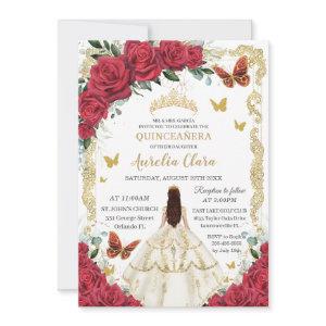 Quinceañera Red Roses Floral White Dress Princess