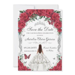 Quinceañera Red Roses Floral White Dress Silver Save The Date