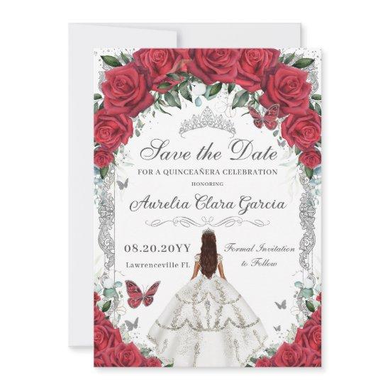Quinceañera Red Roses Floral White Dress Silver Save The Date