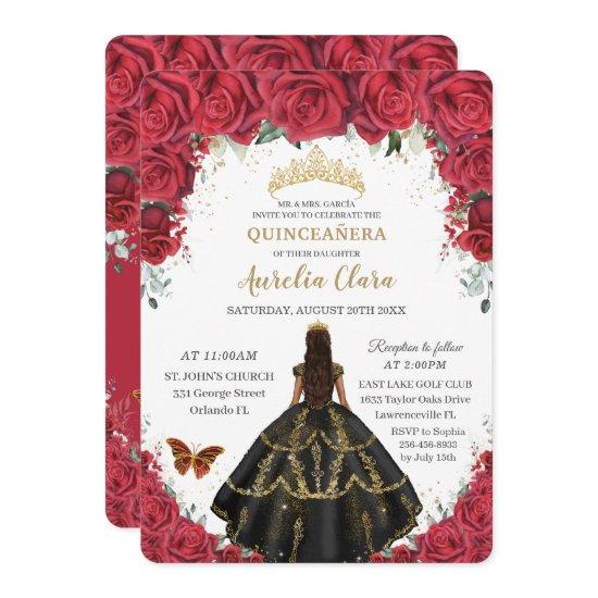 Quinceañera Red Roses Flowers Black Dress Gold
