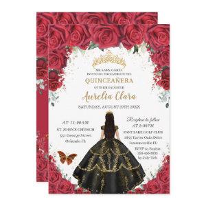 Quinceañera Red Roses Flowers Black Dress Gold