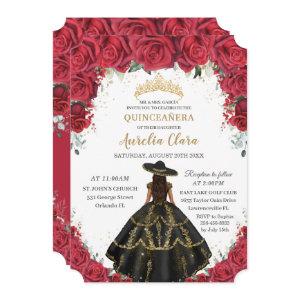 Quinceañera Red Roses Flowers Black Dress Hat Gold