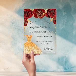 Quinceanera red roses gold dress glitter clear acrylic