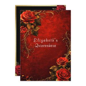 Quinceanera Red Roses Gold Filigree