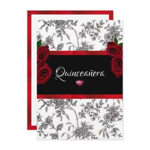 Quinceanera Red Roses Red Satin Black White Toile