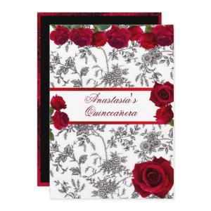 Quinceanera Red Satin Red Roses Black White Toile