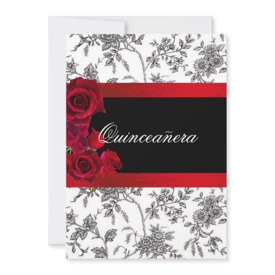 Quinceanera Red Satin Roses Black White Toile