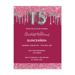 Quinceanera red silver glitter drips  postcard