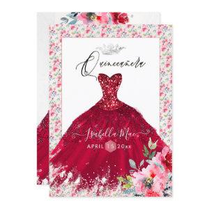 Quinceanera Red Sparkle Gown Watercolor Flowers