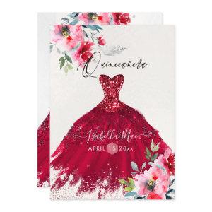 Quinceanera Red Sparkle Gown Watercolor Flowers