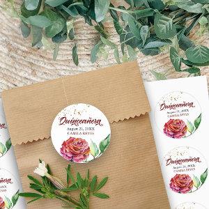 Quinceanera Red Vintage Rose Watercolor Custom Classic Round Sticker
