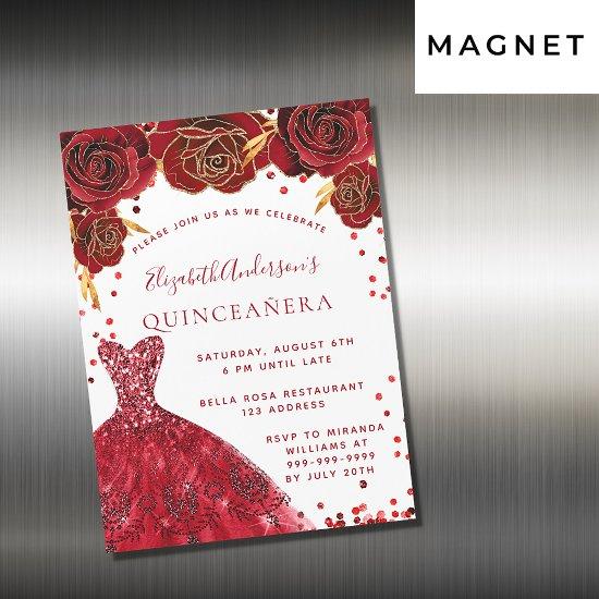 Quinceanera red white dress roses luxury magnetic