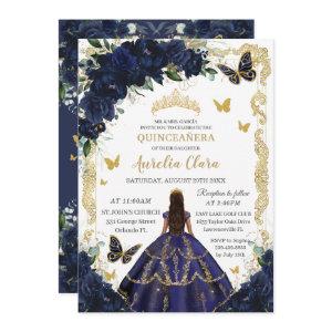 Quinceañera Rich Navy Blue Floral Gold Princess