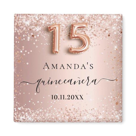 Quinceanera rose gold blush glitter dust name magnet