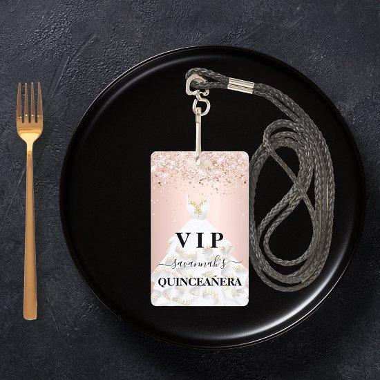 Quinceanera rose gold blush glitter dust name vip badge