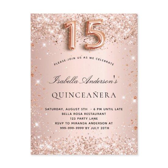 Quinceanera rose gold blush glitter elegant  postcard