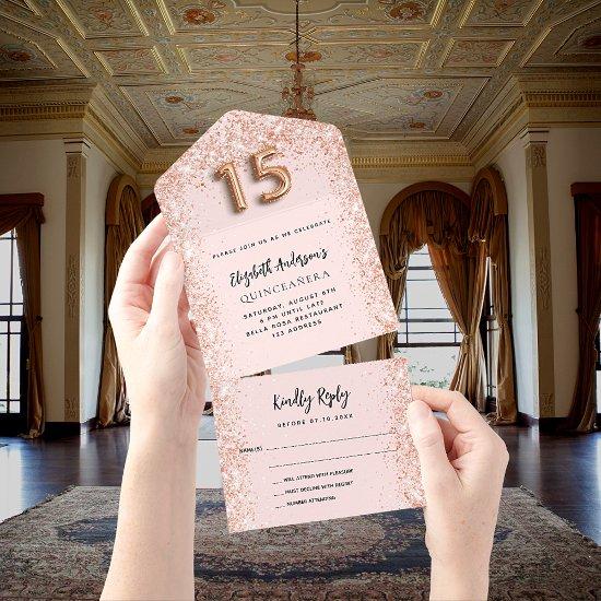 Quinceanera rose gold blush sparkle party RSVP All In One