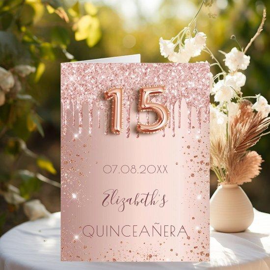 Quinceanera rose gold drips photo card
