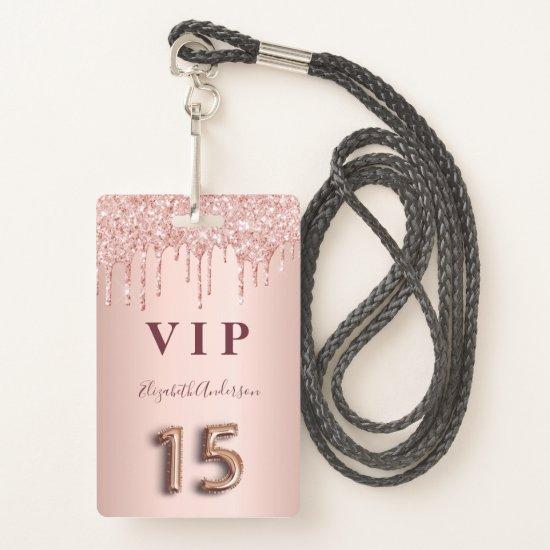 Quinceanera rose gold drips pink badge