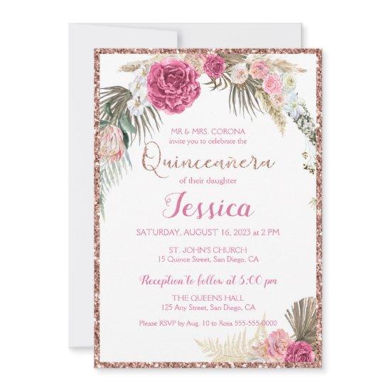 Quinceanera Rose Gold Floral Glitter