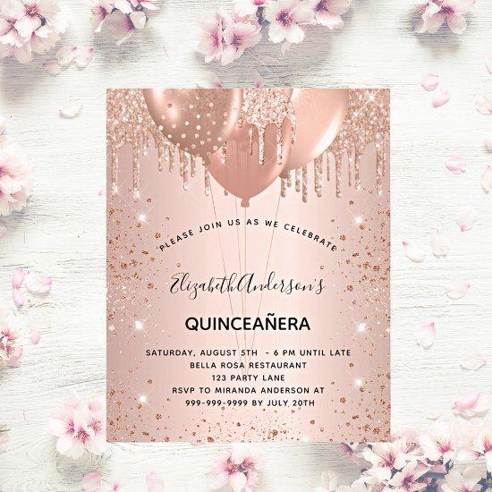 Quinceanera rose gold glitter drops balloons  postcard
