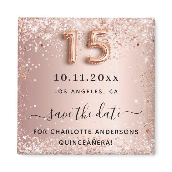 Quinceanera rose gold glitter dust save the date magnet