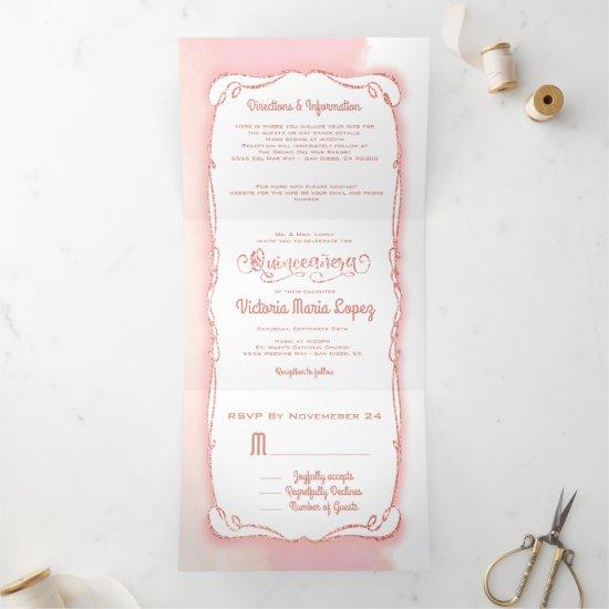 Quinceanera Rose Gold Glitter Mexican Fiesta Tri-Fold
