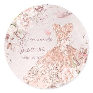Quinceanera  Rose Gold Glitter Quince Dress Classic Round Sticker