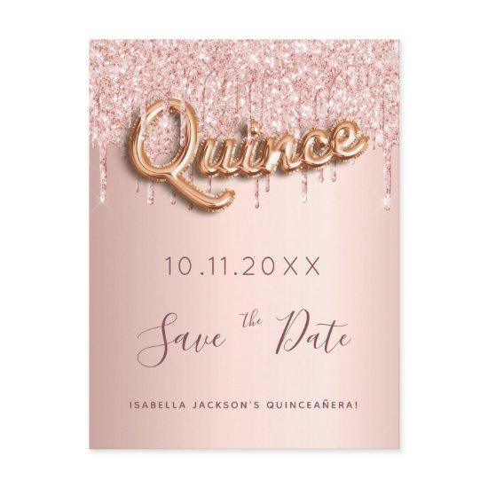 Quinceanera rose gold glitter save the date  announcement postcard