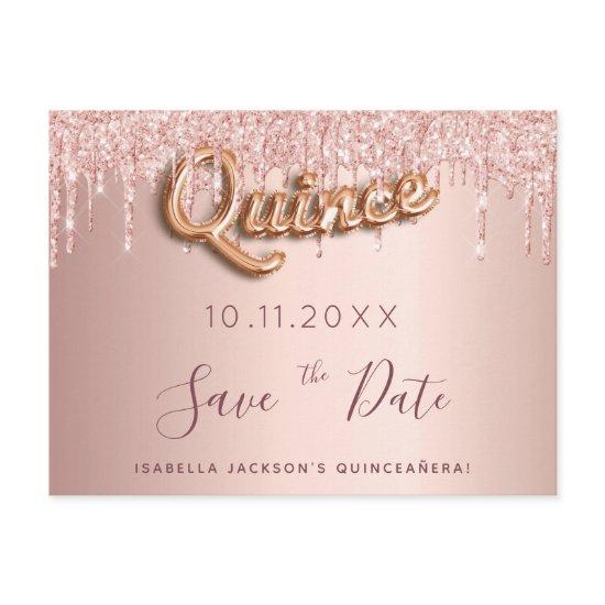 Quinceanera rose gold glitter save the date postcard