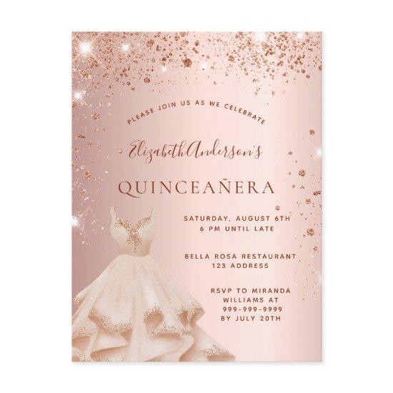 Quinceanera rose gold glitter sparkle dress  postcard