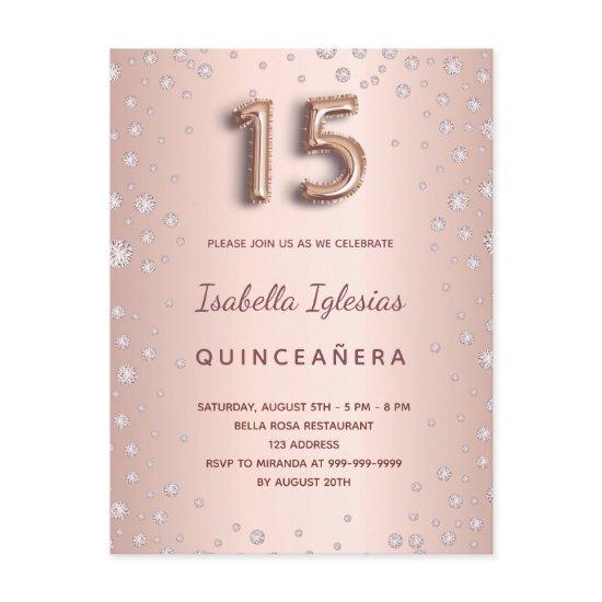 Quinceanera rose gold pink diamonds balloon script postcard