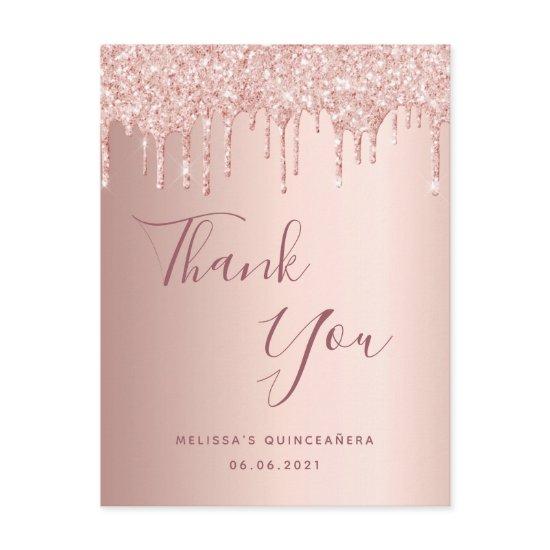 Quinceanera rose gold pink drips thank you postcard