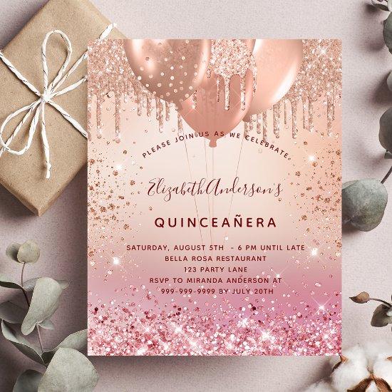 Quinceanera rose gold pink glitter balloons glam  postcard
